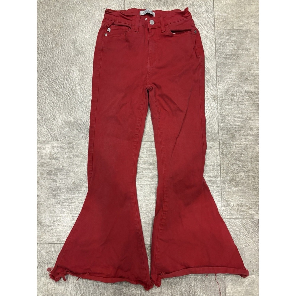 Judy Blue Girls Size 1/25 Super Flare Jeans Red Stretch Denim Raw Hem BellBottom
